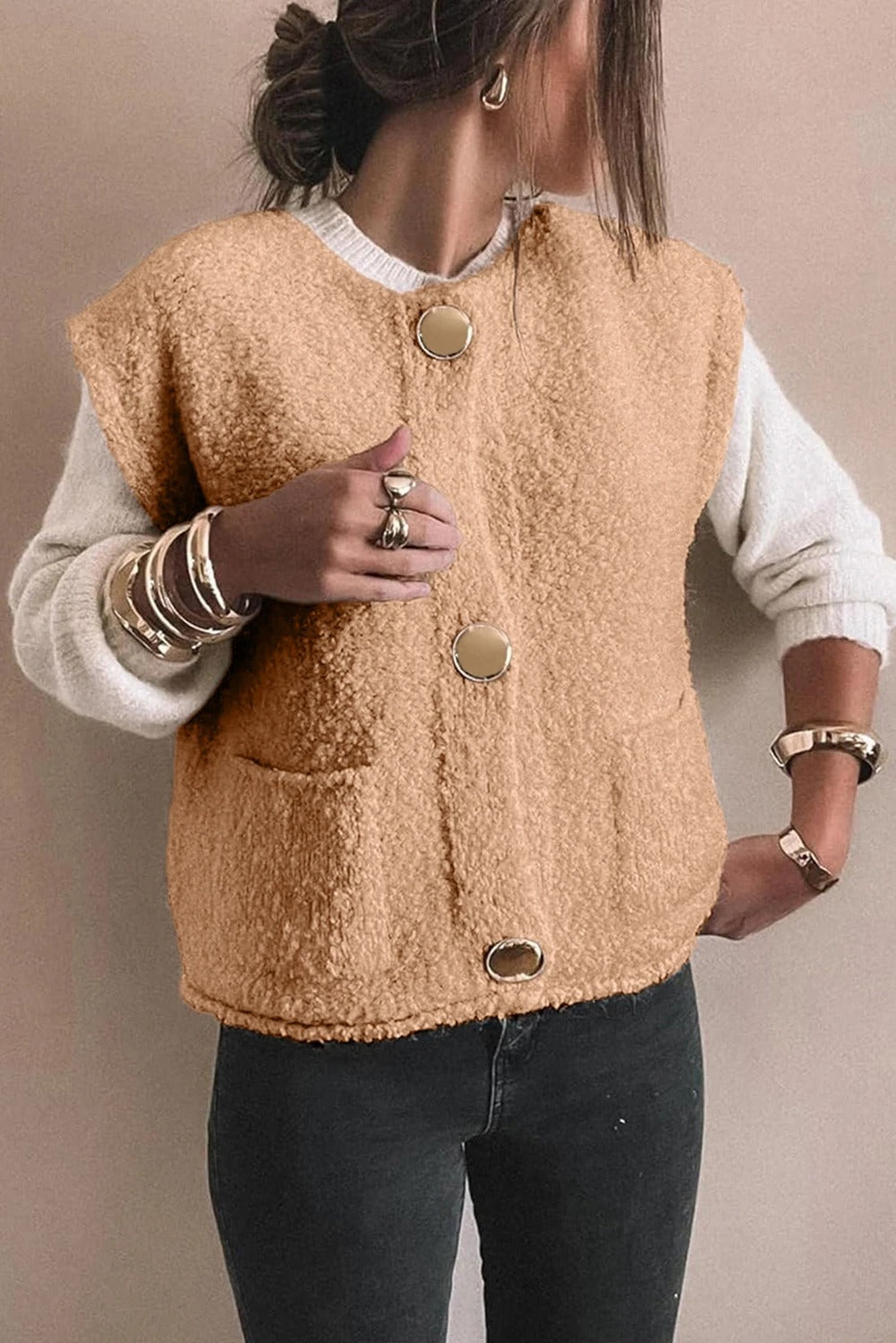 Women's Solid Color Versatile Button Warm Vest