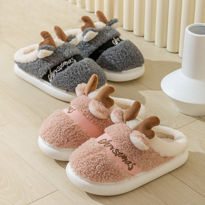 Cute and Whimsical 3D Reindeer Fleece Slippers with Traction