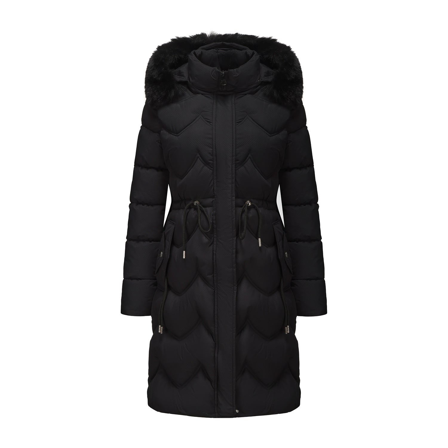 Big Fur Collar Mid-length Thickened Waist-cinching Cotton Coat