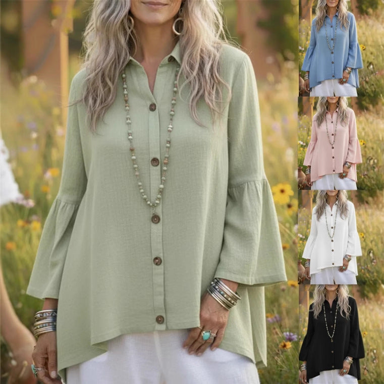 Women's Loose Solid-color Cotton-Linen Flare-sleeve Shirt