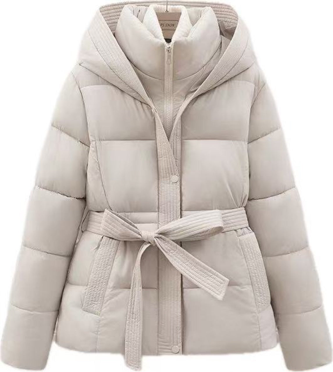 Women's Short Waist-cinching Slim-fit Hooded Tie-front Warm Coat