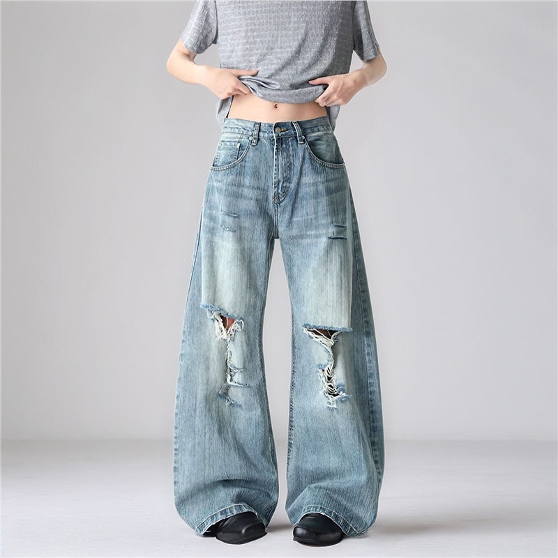 Women's Summer American Washed Bamboo Hole Ripped Jeans Niche Plus Size