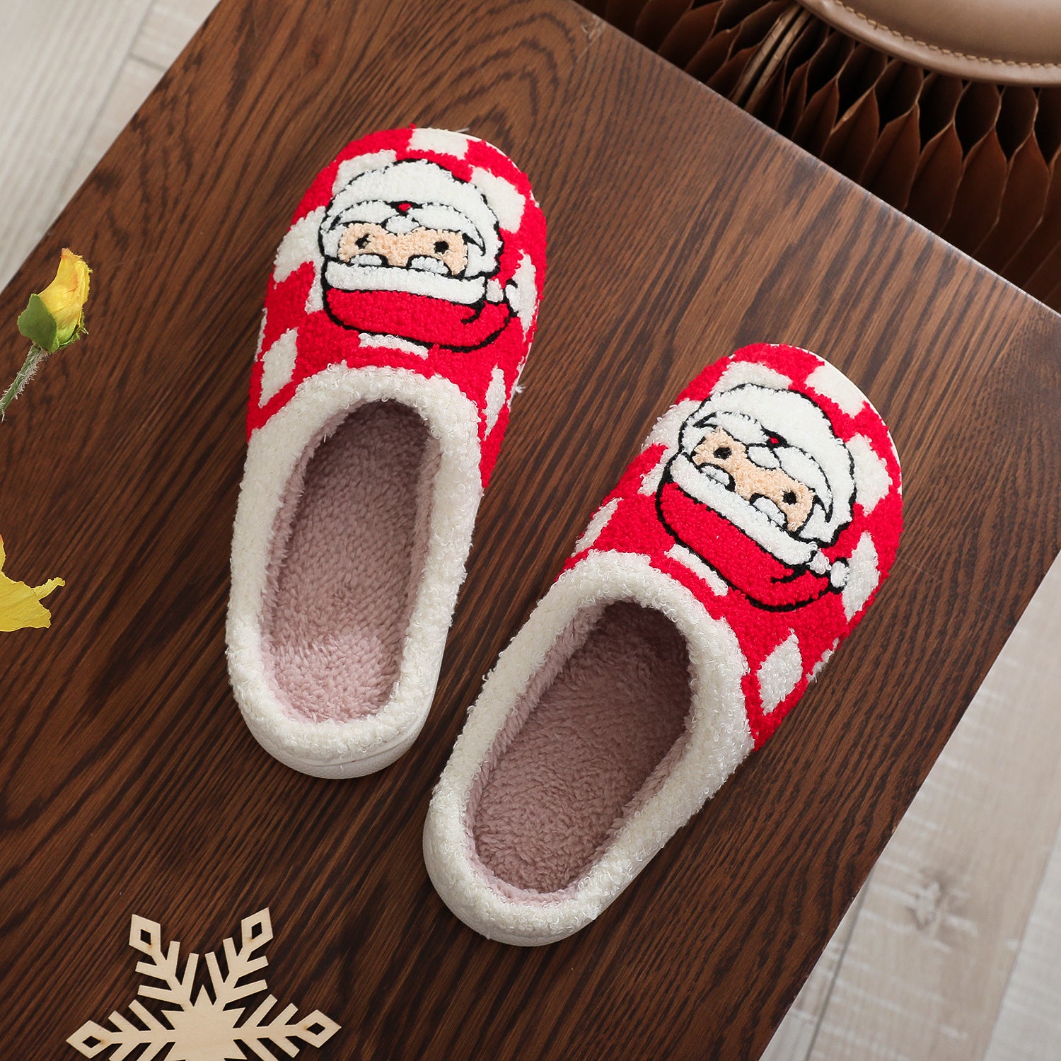 Festive Red and White Checkered Santa Claus Fleece Slipon Shoes