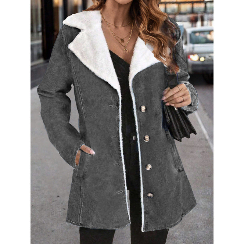 Women's Solid Color Plush Lapel Mid-length Coat