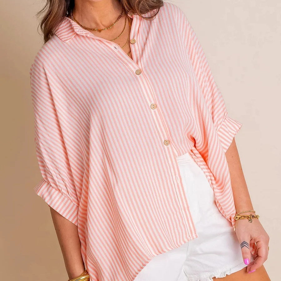 Women's Striped Fashionable Loose-fit Three-quarter-sleeve Shirt