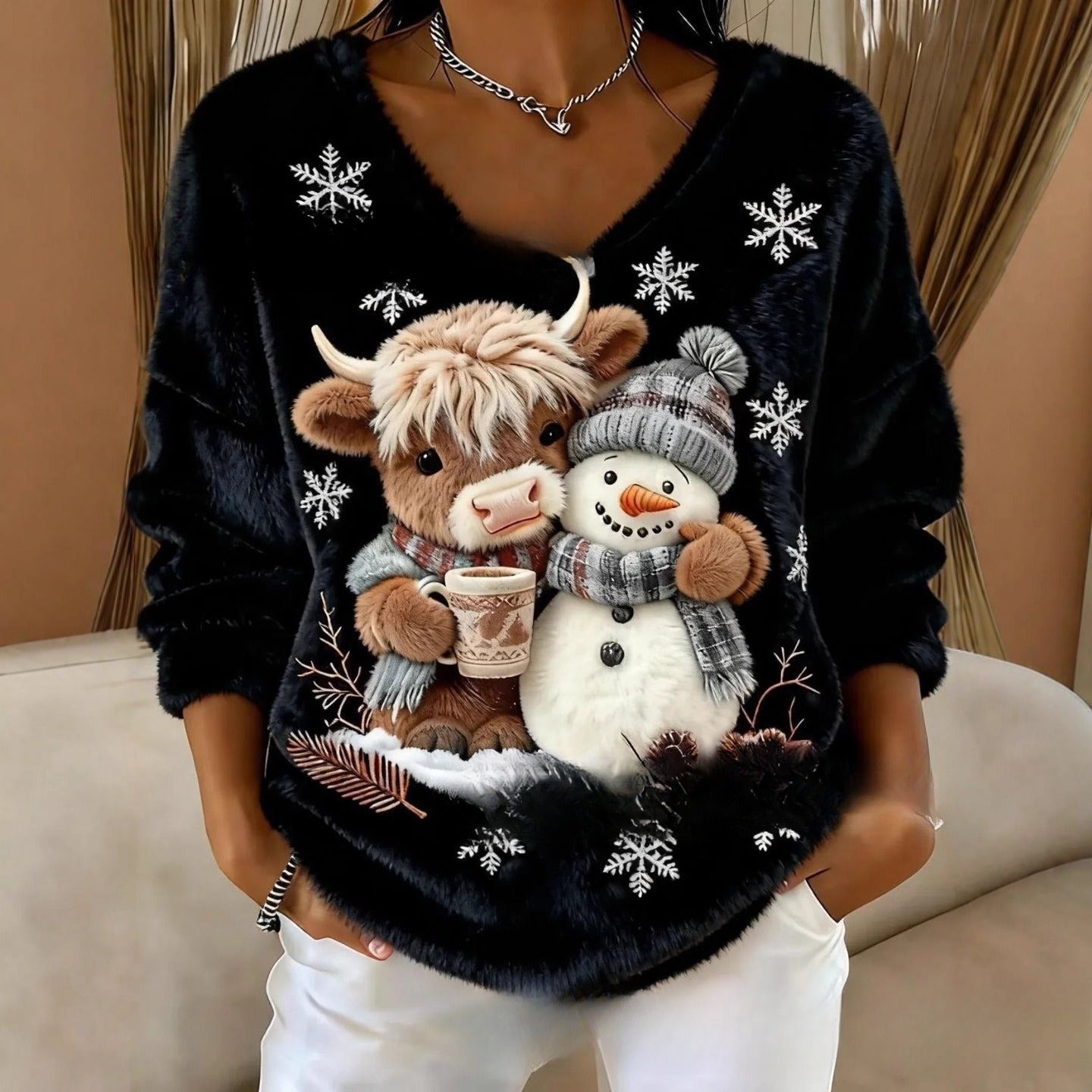 Fashionable Digital-Printed Christmas Women's V-Neck Sweater