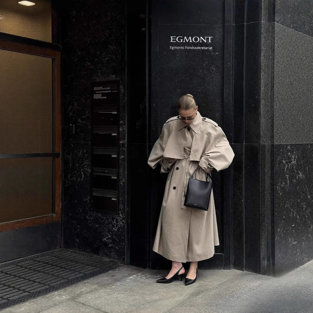 Women's Long Khaki Belted Cape Trench Coat