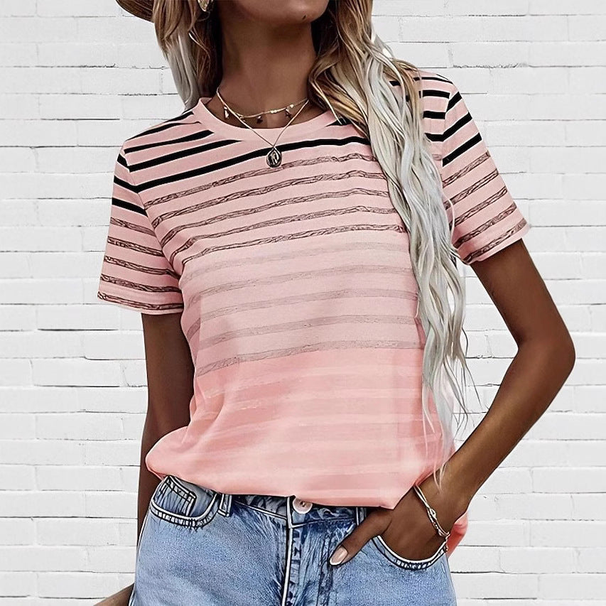 Women's Striped Gradient Round Neck Short Sleeve Top