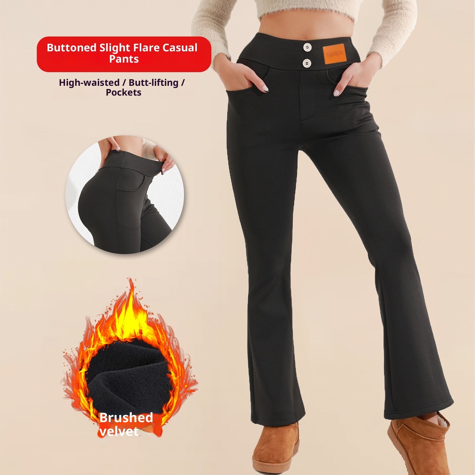High-Waist Brushed Slim Fit Commuter Pants With Button Detail