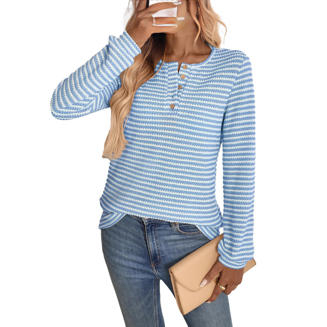 European And American Pineapple Grid Casual Button Round Neck T-shirt Knitted Long Sleeve