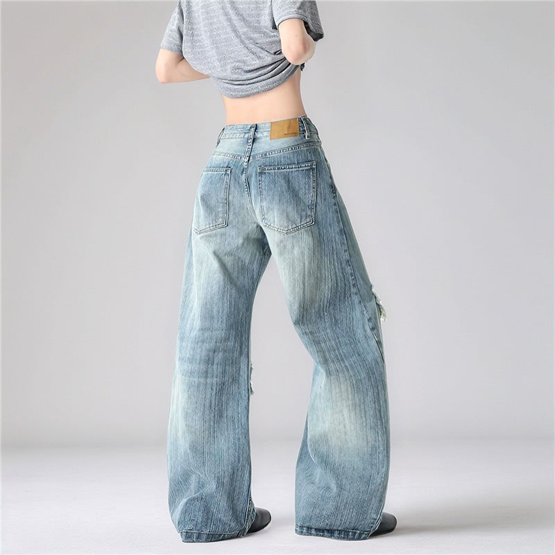 Women's Summer American Washed Bamboo Hole Ripped Jeans Niche Plus Size