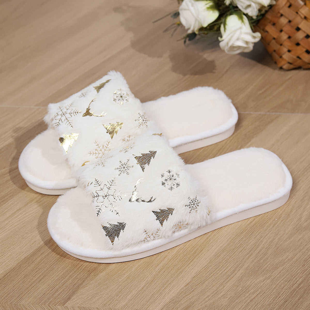 Soft Open Toed White and Gold Christmas Themed House Slippers