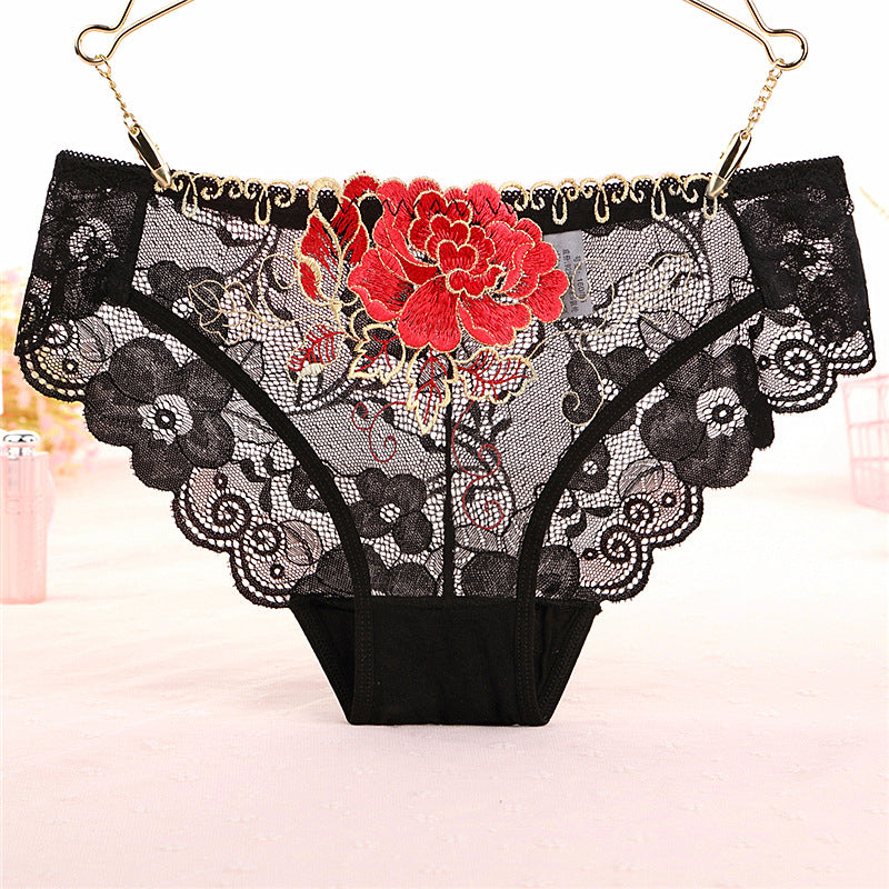 See Through Floral Lace and Embroidery Briefs Panties