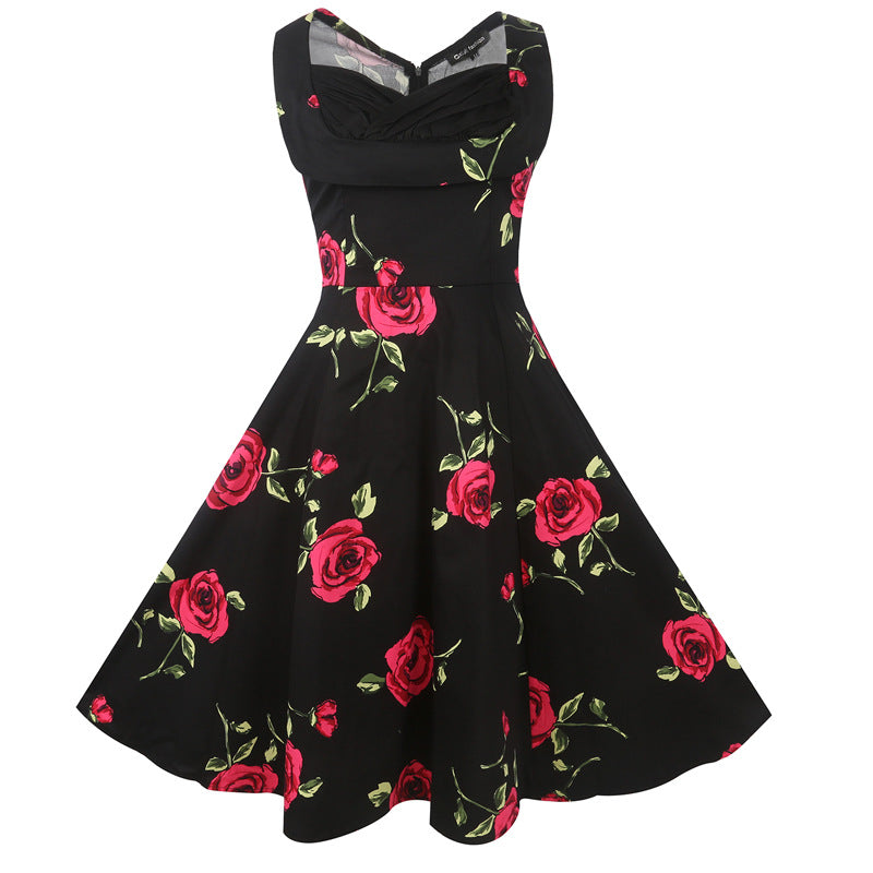 Retro Black Floral Pleated Dress