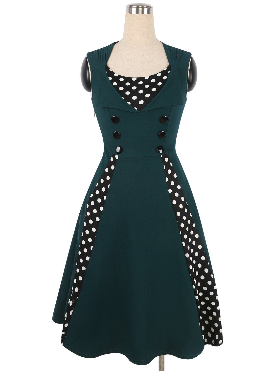 Polka Dot Contrast Button-Accent Sleeveless Dress