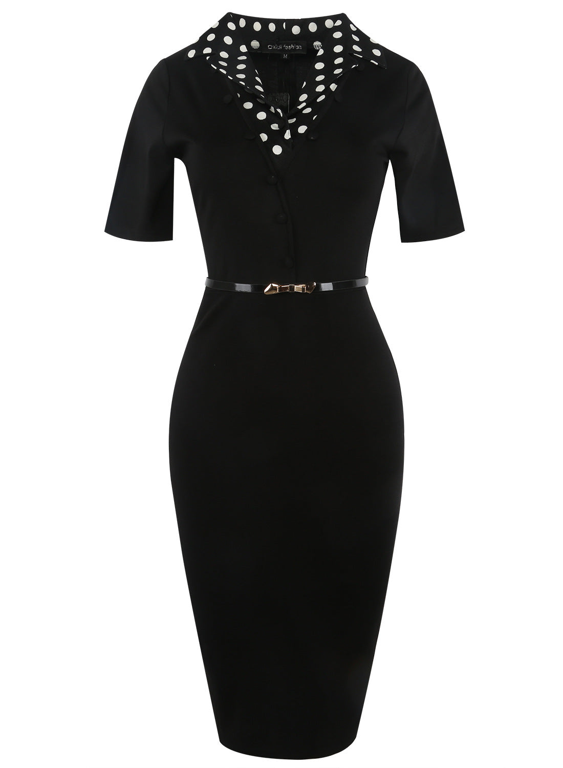 Polka-Dot Collar Belted Sheath Dress