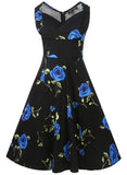 Retro Black Floral Pleated Dress