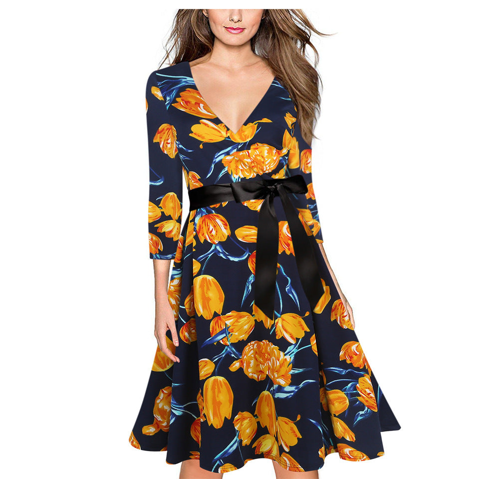 Floral Three-Quarter Sleeve Surplice Dress