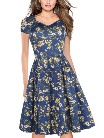 Floral Cap-Sleeve Sweetheart A-Line Dress