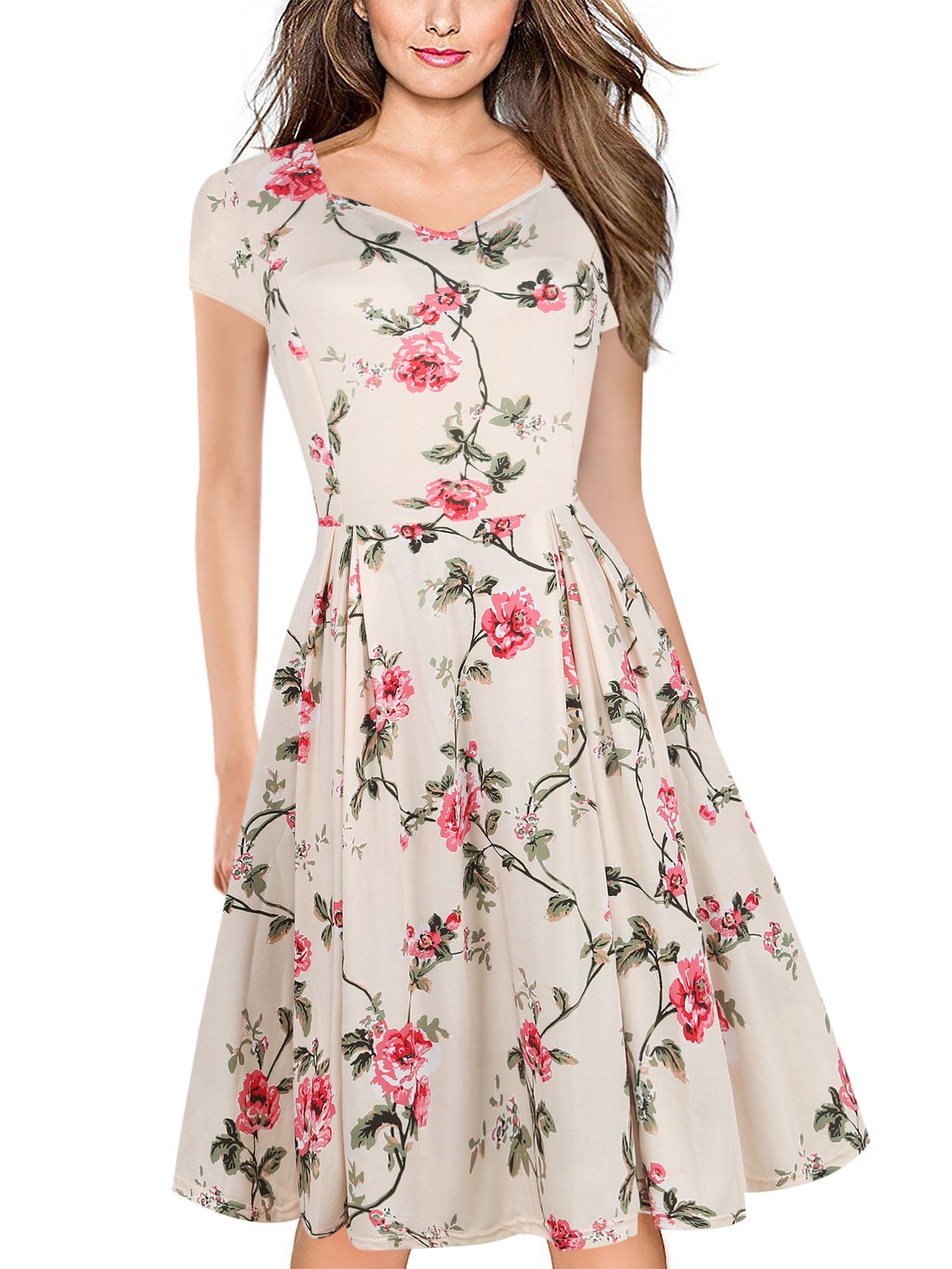 Floral Cap-Sleeve Sweetheart A-Line Dress