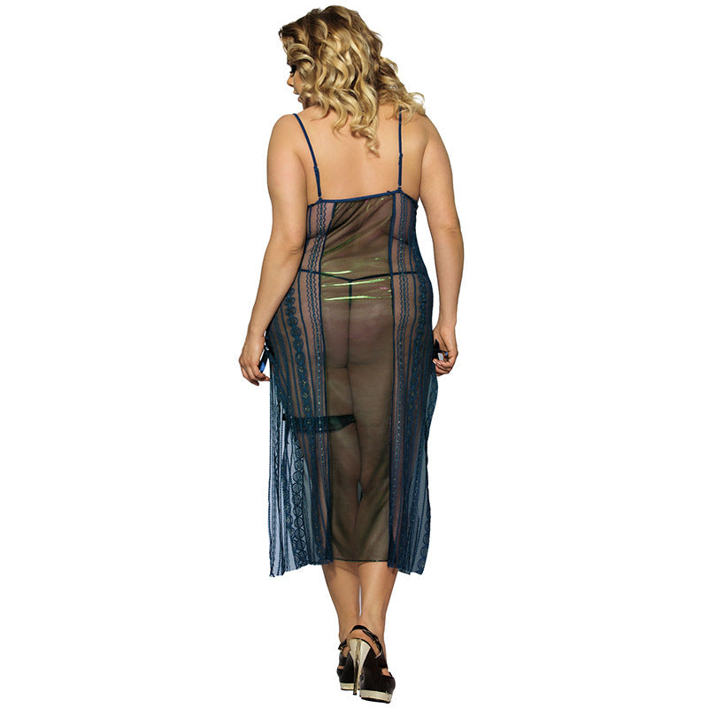 Plus Size Lace Print Sheer Blue Dress