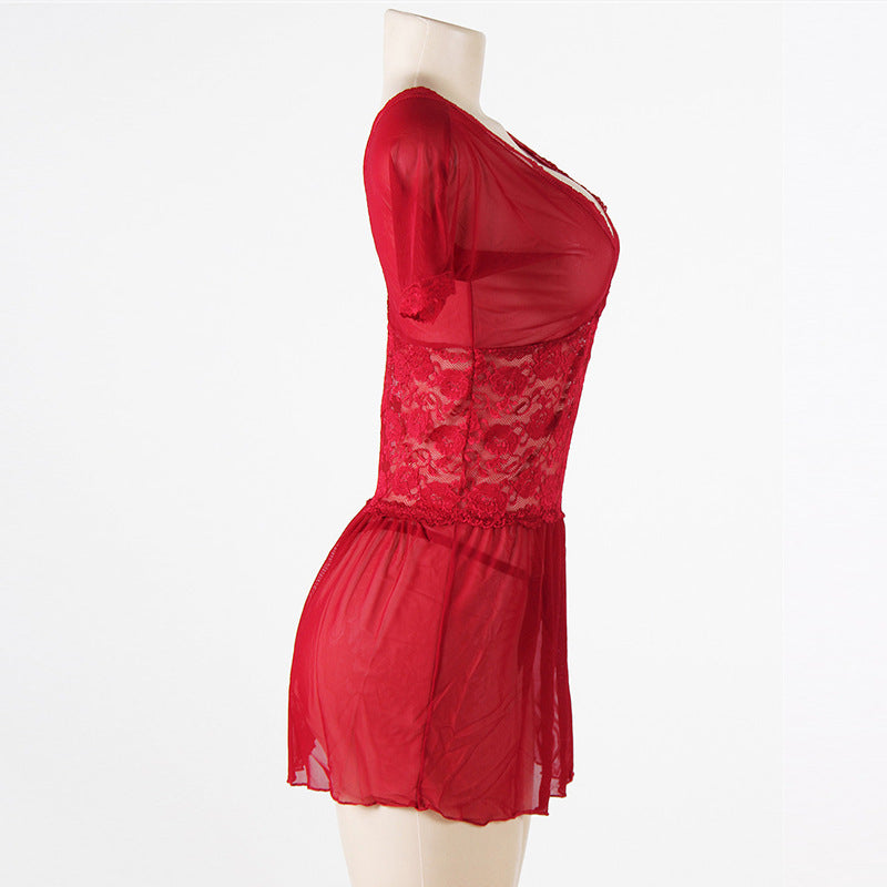 Plus Size Red Semi-Sheer Short-Sleeved Midi Dress