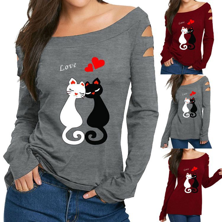 Cutout Sleeve Scoop Neck Cat Tee