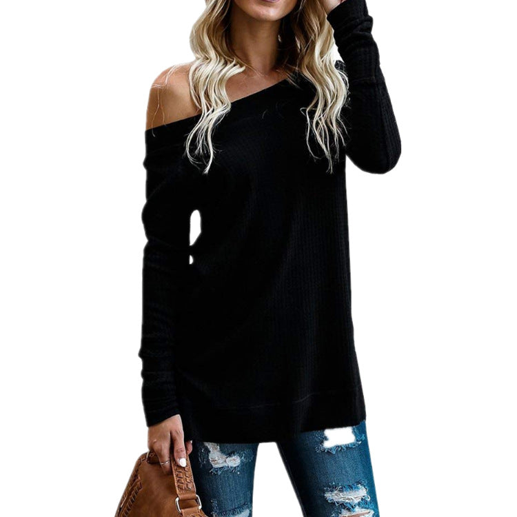 Waffle Knit Off-Shoulder Pullover Top