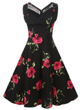 Retro Black Floral Pleated Dress
