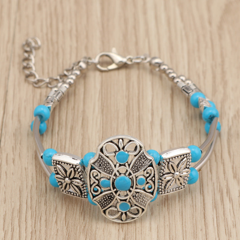 Colorful Floral Beaded Metal Bracelet-Blue-Theone Apparel