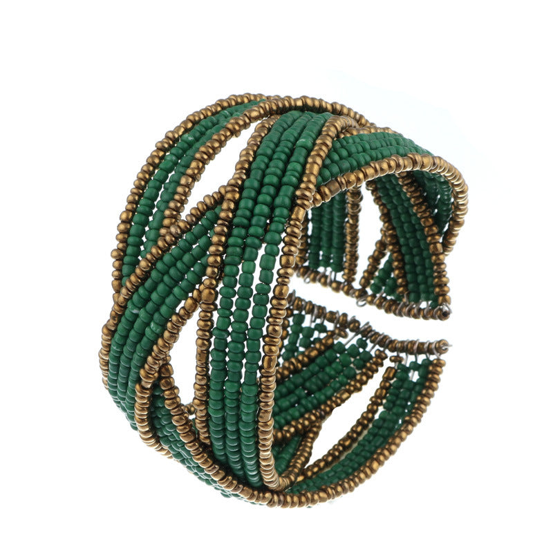 Criss Crossed Beaded Cuff Bracelet-Green-Theone Apparel