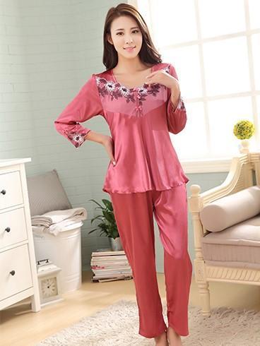 Embroidered Sleep Shirt & Pants Set - Theone Apparel