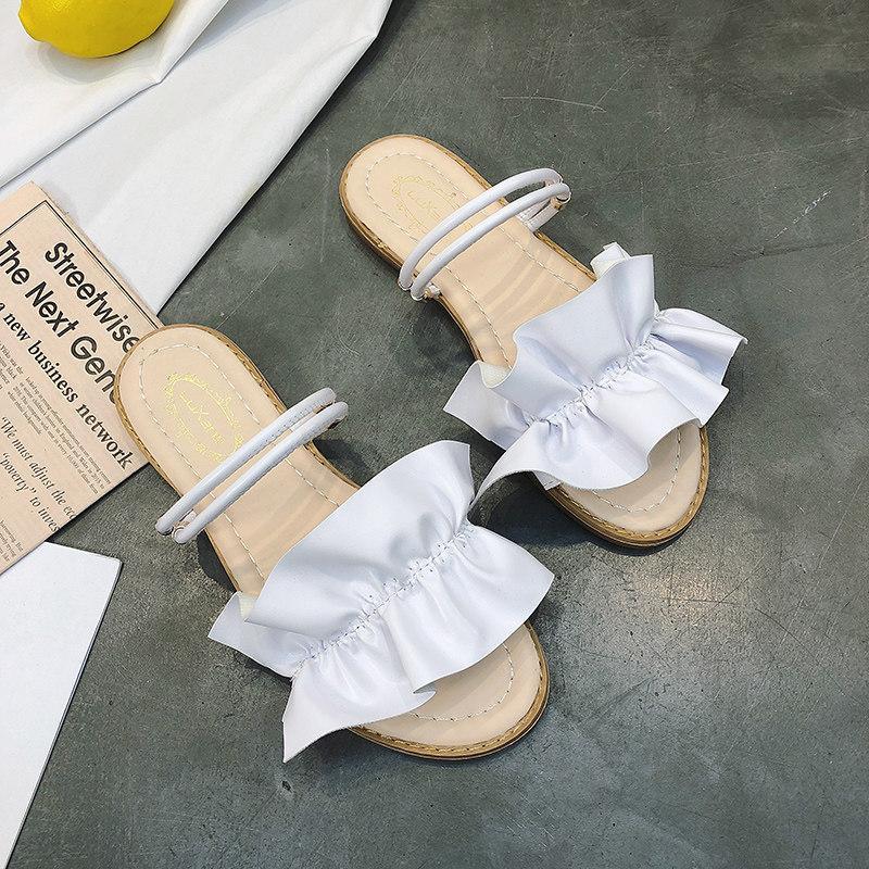 Faux Leather Ruffle Strap Sliders-White-Theone Apparel