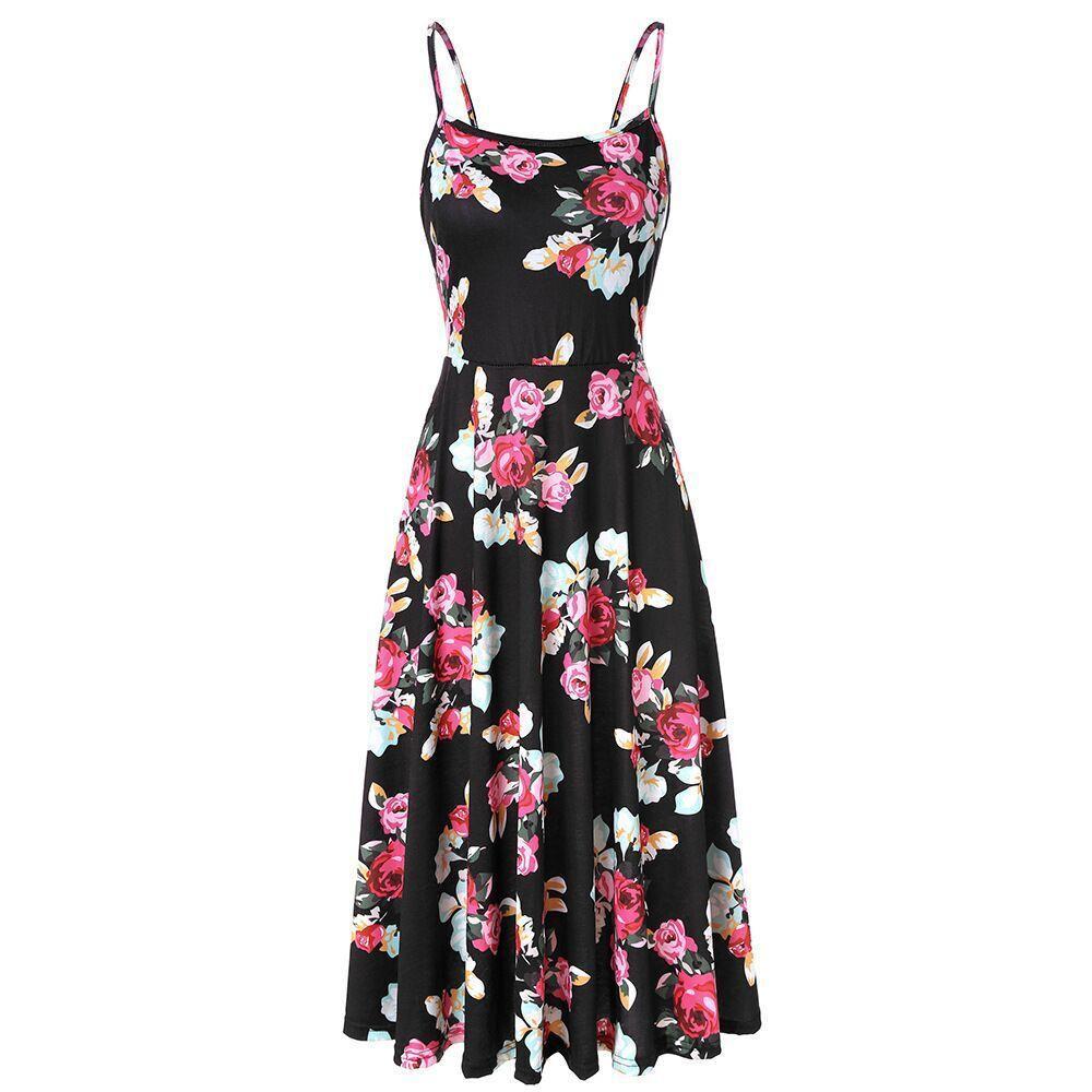 Flora Print Thin Strap Summer Dress-Black-Theone Apparel