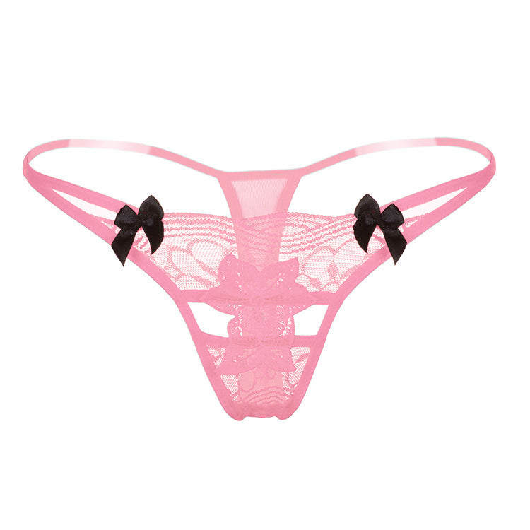 Floral Applique Lace Thong Panty-Pink-Theone Apparel