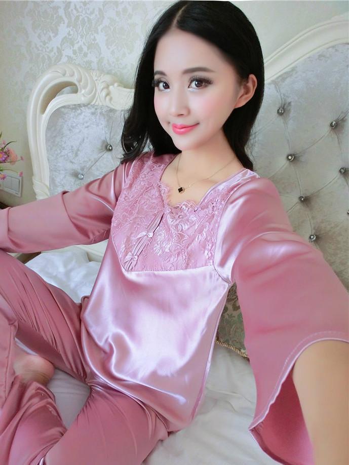 Flower Lace Satin Pajamas Set-Purple-Theone Apparel