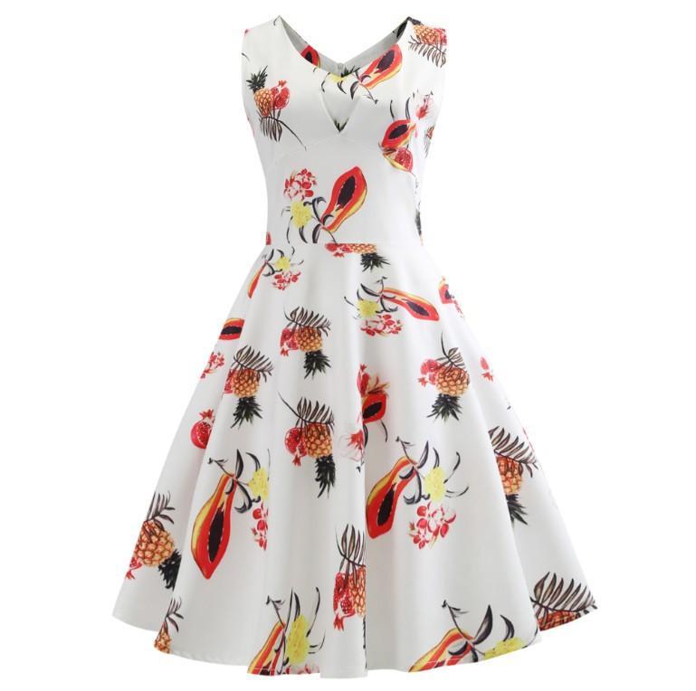 Fruit Print Pleat Front A Line Dress-White-Theone Apparel
