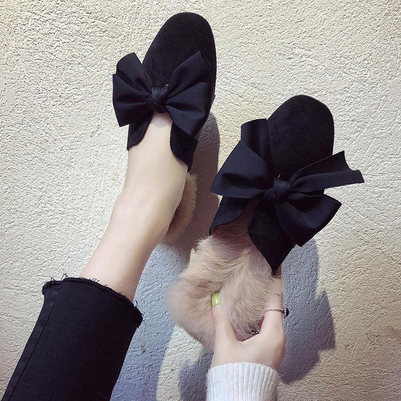 Fur Trim Floppy Bow Slippers-Black-Theone Apparel
