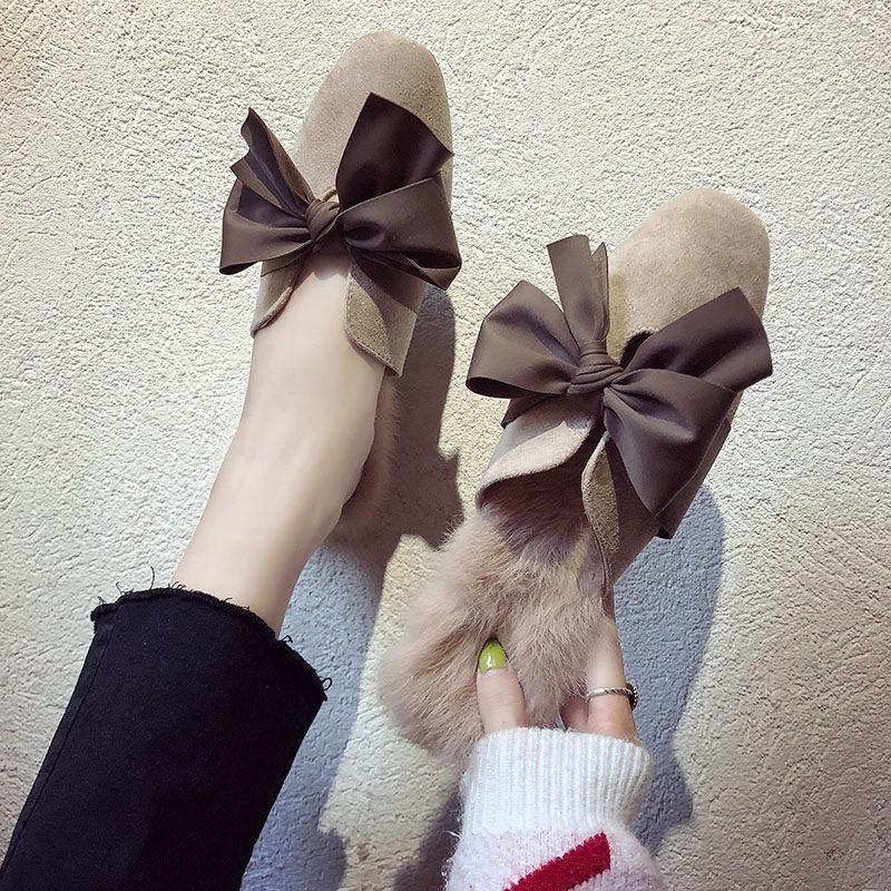 Fur Trim Floppy Bow Slippers-Beige-Theone Apparel