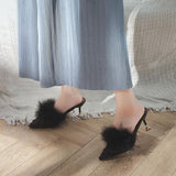 Fur Trim Pointed Toe Kitten Heels - Theone Apparel