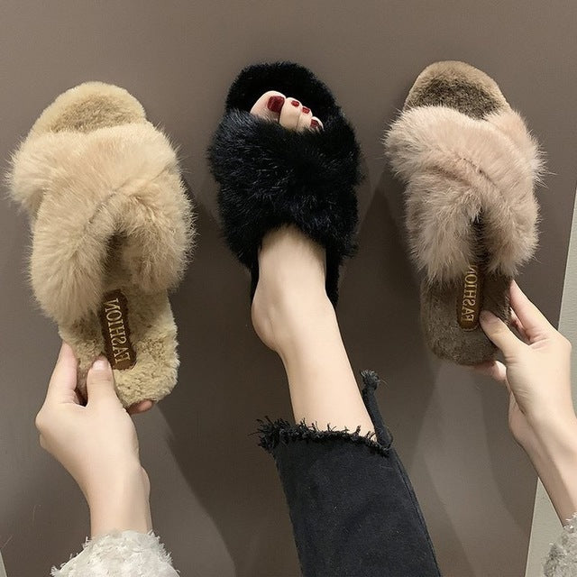 Fuzzy Fur Crisscross Slipper Shoes-Theone Apparel