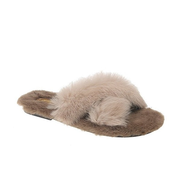 Fuzzy Fur Crisscross Slipper Shoes-Theone Apparel