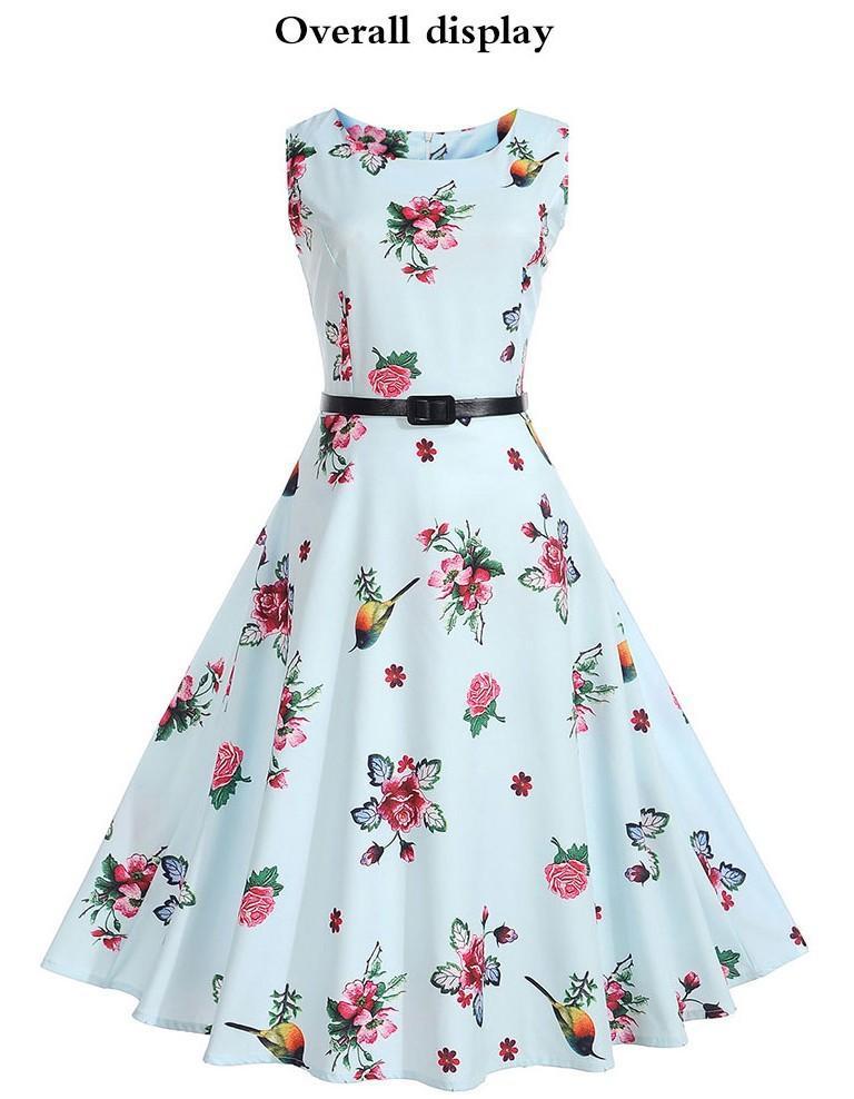 Hummingbird Floral Print A Line Dress - Theone Apparel