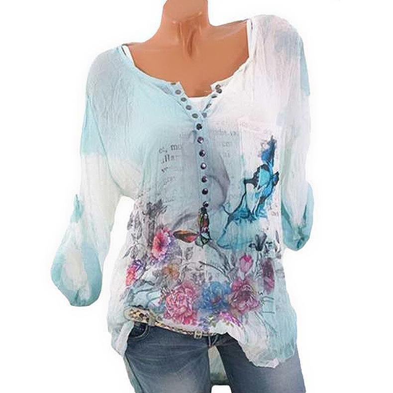 Jeweled Collar Butterfly Print Blouse-Blue-Theone Apparel