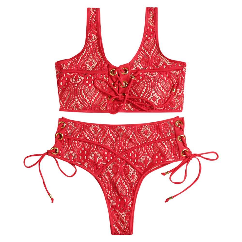 Lace Crochet Should Strap Bikini Set-Red-Theone Apparel