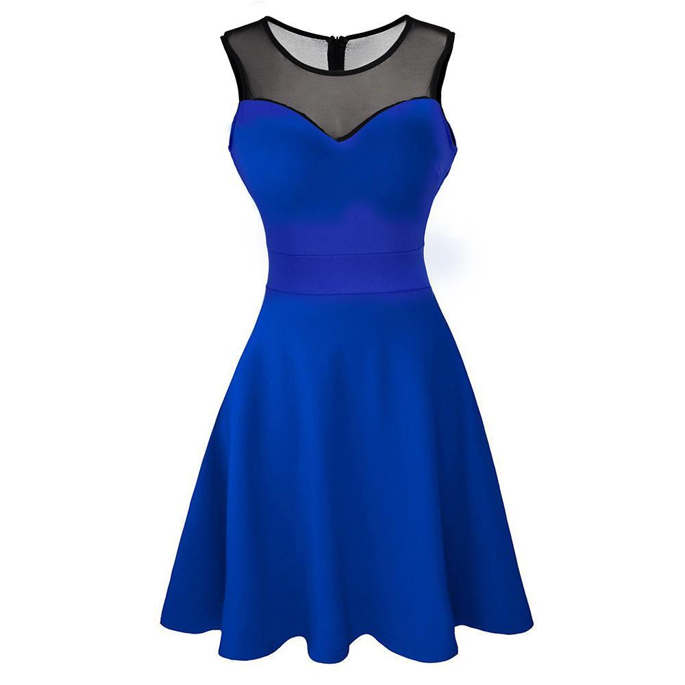 Lace Top Sweetheart Bodycon Dress-Blue with Plain Lace Top-Theone Apparel