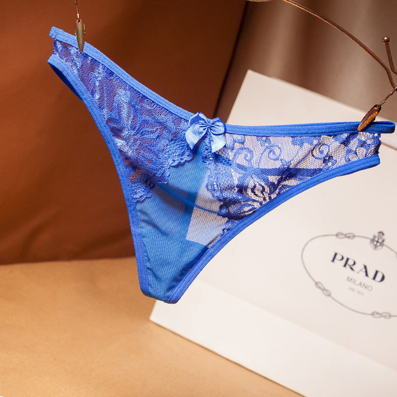 Lace and Bows Transparent Mesh Thong-Blue-Theone Apparel