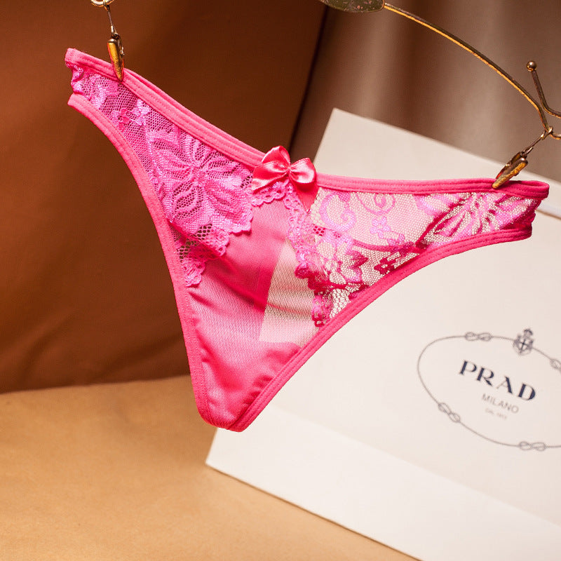 Lace and Bows Transparent Mesh Thong-Rose Red-Theone Apparel
