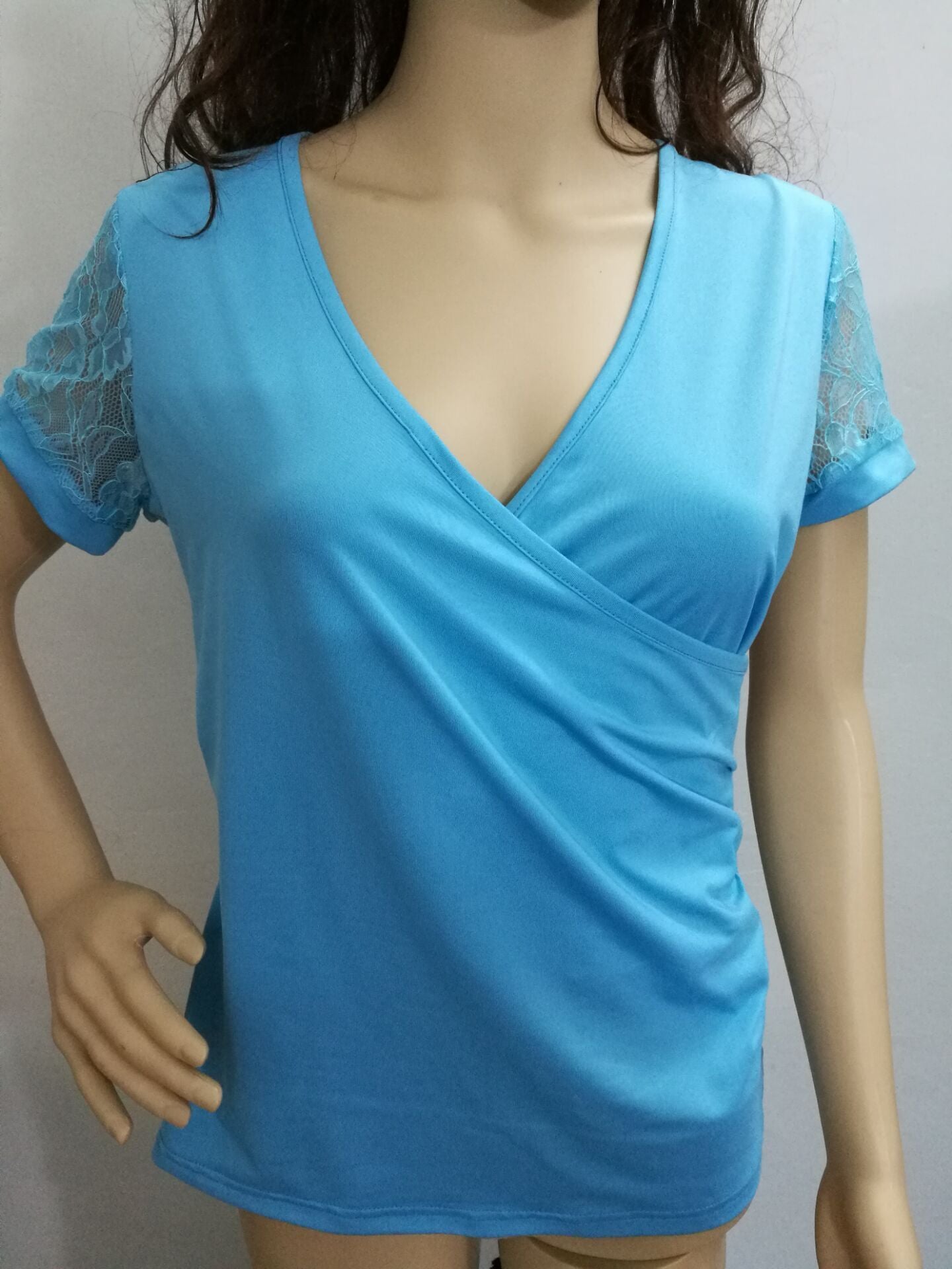 Lacy Cutout Cap Sleeve Wrap Top-Sky Blue-Theone Apparel