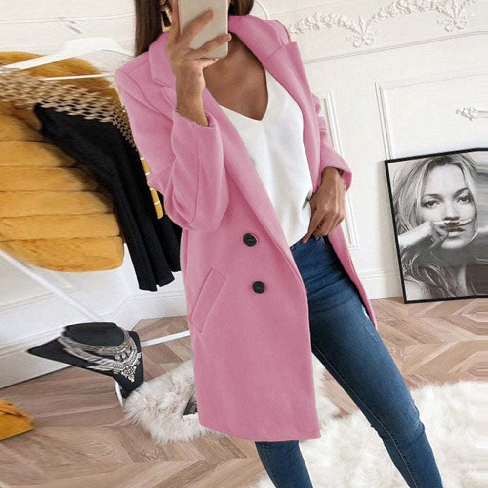 Long Double Breasted Jacket with Pockets-Pink-Theone Apparel